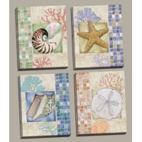 Beautiful Mosaic Seashell Starfish Sand dollar and Coral Collage; Coastal Decor; Four 8 by 10-Inch Hand-Stretched Canvases   